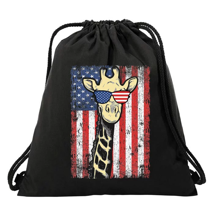 USA Flag Patriotic Giraffe Sunglasses Funny Animal Lover Drawstring Bag