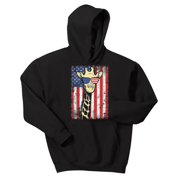 USA Flag Patriotic Giraffe Sunglasses Funny Animal Lover Kids Hoodie