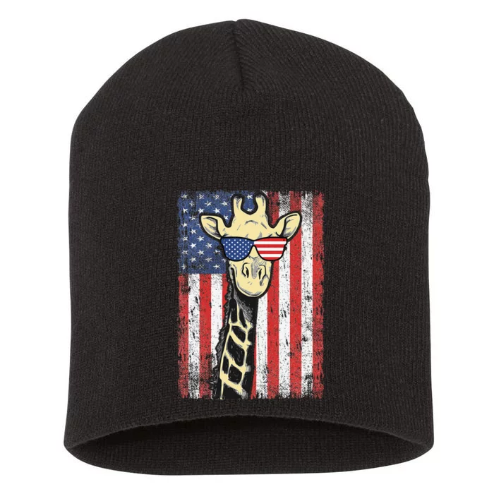 USA Flag Patriotic Giraffe Sunglasses Funny Animal Lover Short Acrylic Beanie