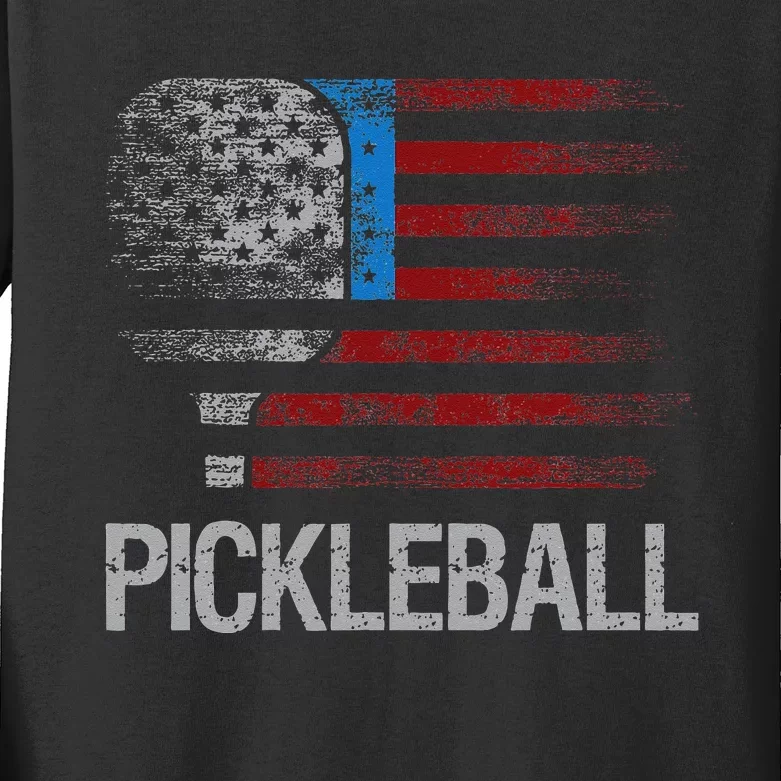 US Flag Pickleball Player Paddleball Lover Kids Long Sleeve Shirt