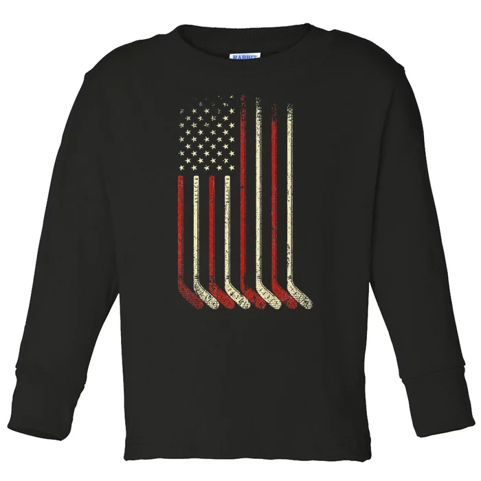 US Flag Patriotic American Hockey Player Ice Hockey Toddler Long Sleeve Shirt