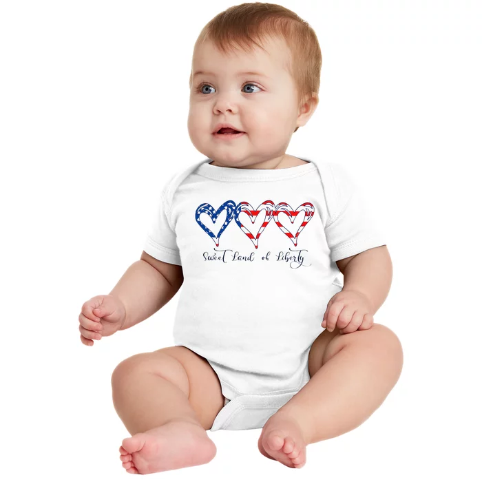 USA Flag Patriotic Hearts 4th of July Sweet Land of Liberty Baby Bodysuit