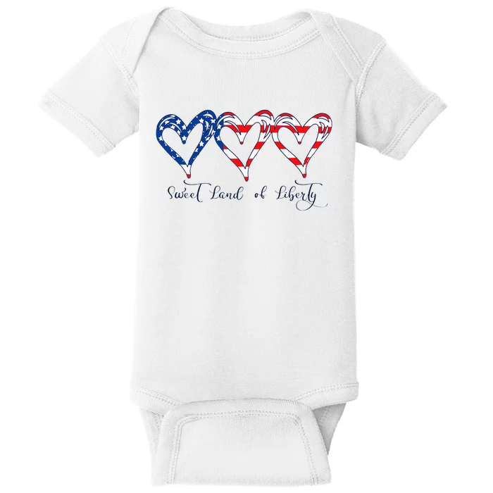 USA Flag Patriotic Hearts 4th of July Sweet Land of Liberty Baby Bodysuit