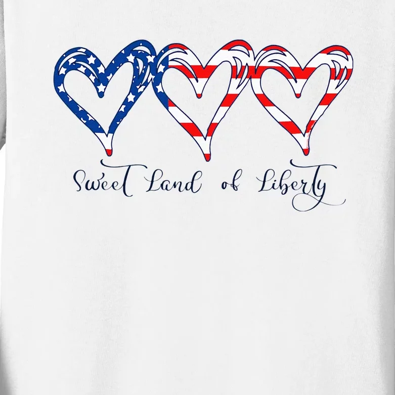 USA Flag Patriotic Hearts 4th of July Sweet Land of Liberty Kids Long Sleeve Shirt