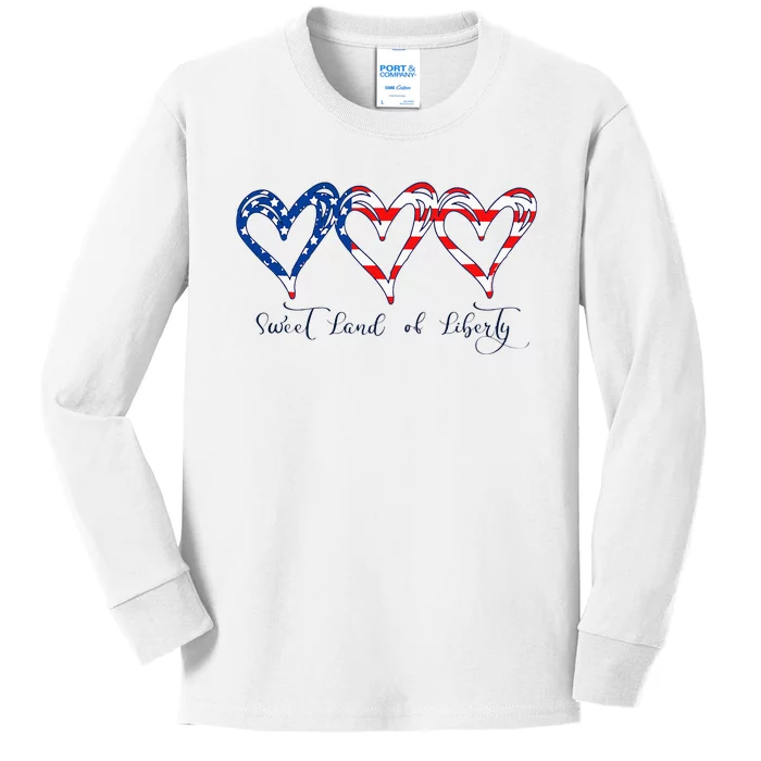 USA Flag Patriotic Hearts 4th of July Sweet Land of Liberty Kids Long Sleeve Shirt