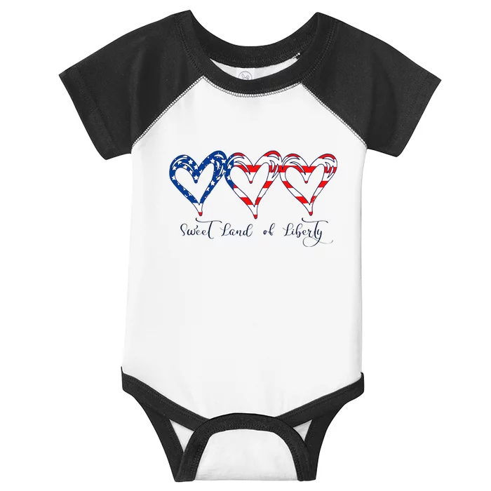 USA Flag Patriotic Hearts 4th of July Sweet Land of Liberty Infant Baby Jersey Bodysuit