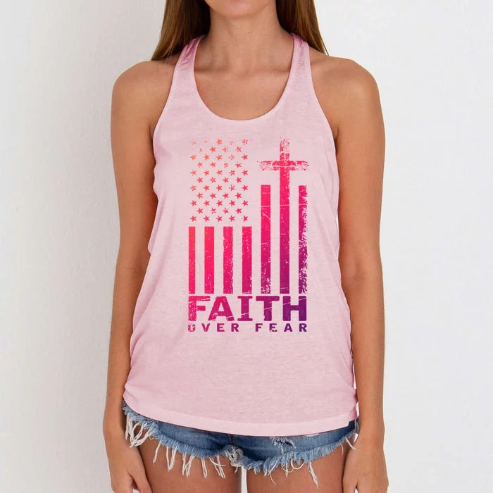 Usa Flag Patriotic American Gift Faith Over Fear Prayer Gift Women's Knotted Racerback Tank