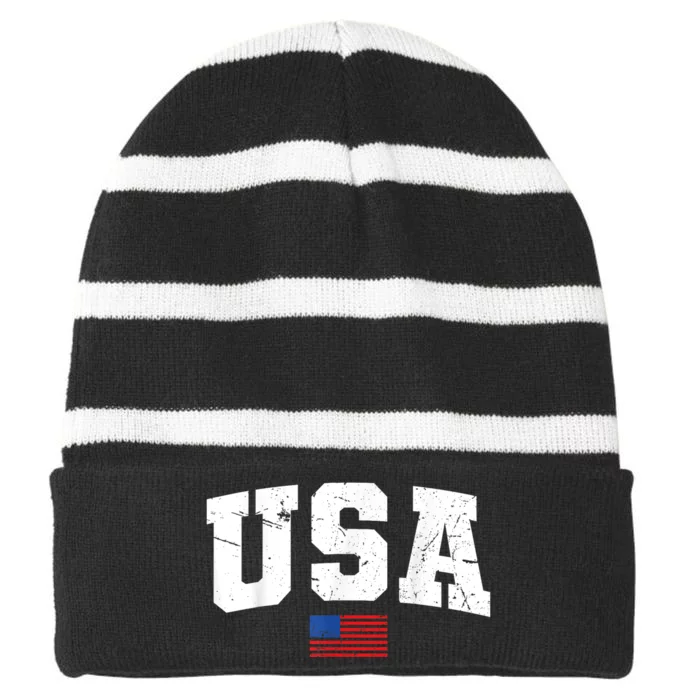 USA Flag Patriotic 4th Of July America Day Of Independence Striped Beanie with Solid Band