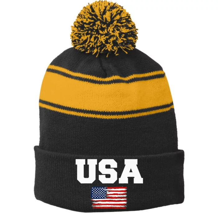 USA Flag Patriotic 4th of July America day of Independence Stripe Pom Pom Beanie