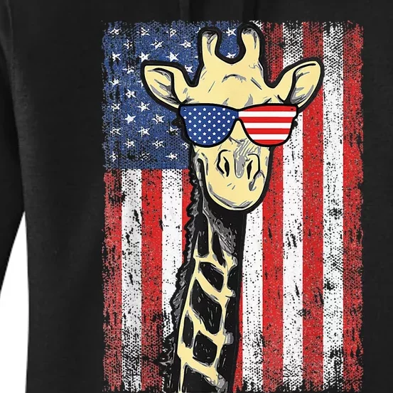 USA Flag Patriotic Giraffe Sunglasses Funny Animal Lover Women's Pullover Hoodie