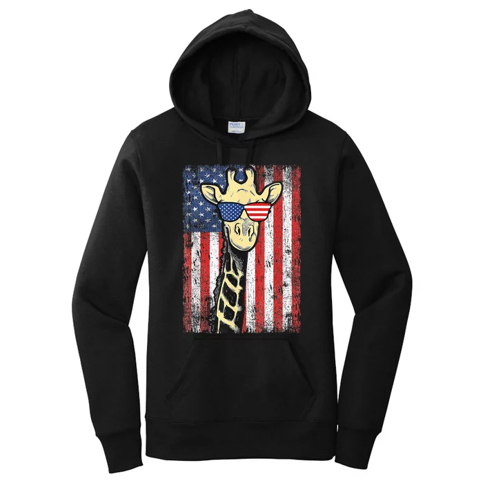 USA Flag Patriotic Giraffe Sunglasses Funny Animal Lover Women's Pullover Hoodie