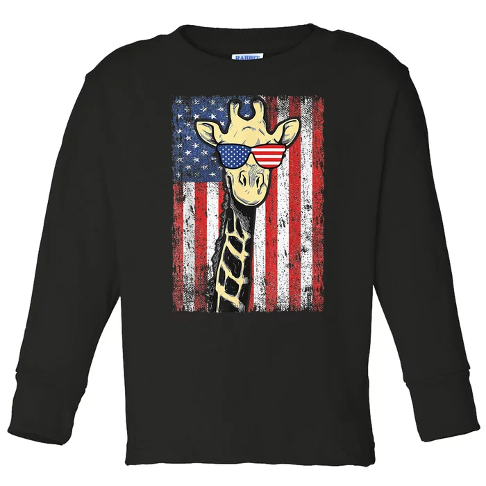 USA Flag Patriotic Giraffe Sunglasses Funny Animal Lover Toddler Long Sleeve Shirt