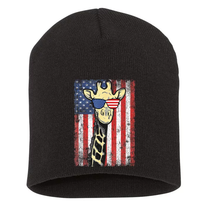 USA Flag Patriotic Giraffe Sunglasses Funny Animal Lover Short Acrylic Beanie