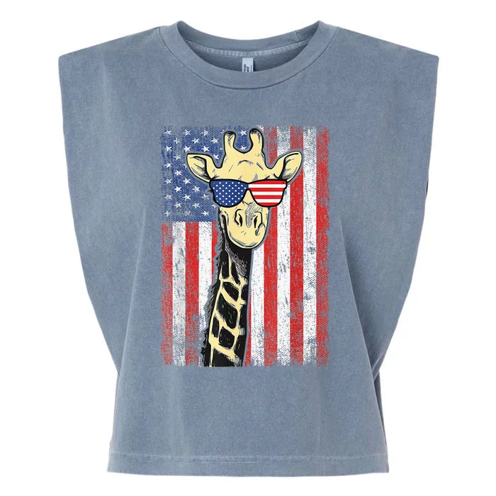 USA Flag Patriotic Giraffe Sunglasses Funny Animal Lover Garment-Dyed Women's Muscle Tee