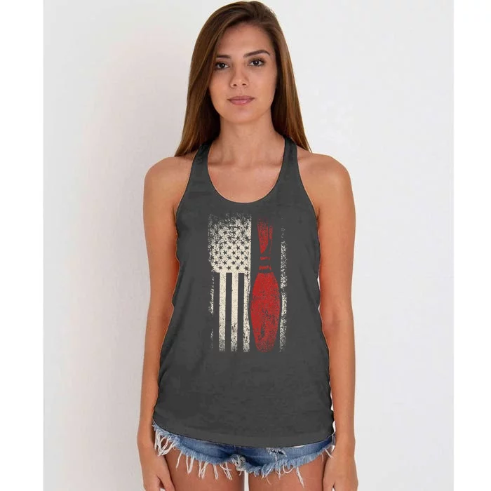 Usa Flag Patriotic American Bowler Gift Bowling Pins Bowling Women's Knotted Racerback Tank