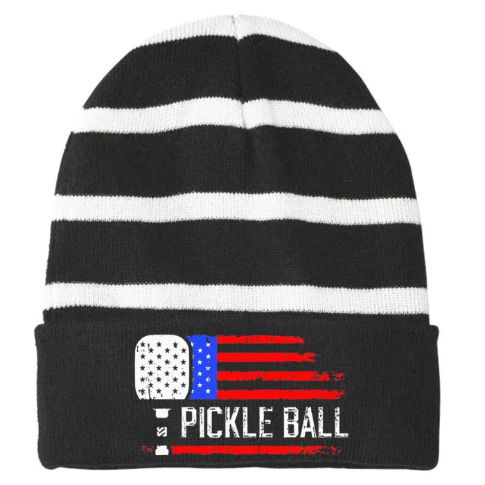 US Flag Pickleball Vintage Paddle Sport Pickleball Striped Beanie with Solid Band