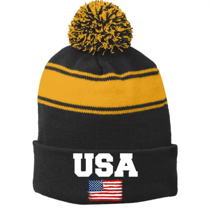 USA Flag Patriotic 4th Of July America Day Of Independence Stripe Pom Pom Beanie