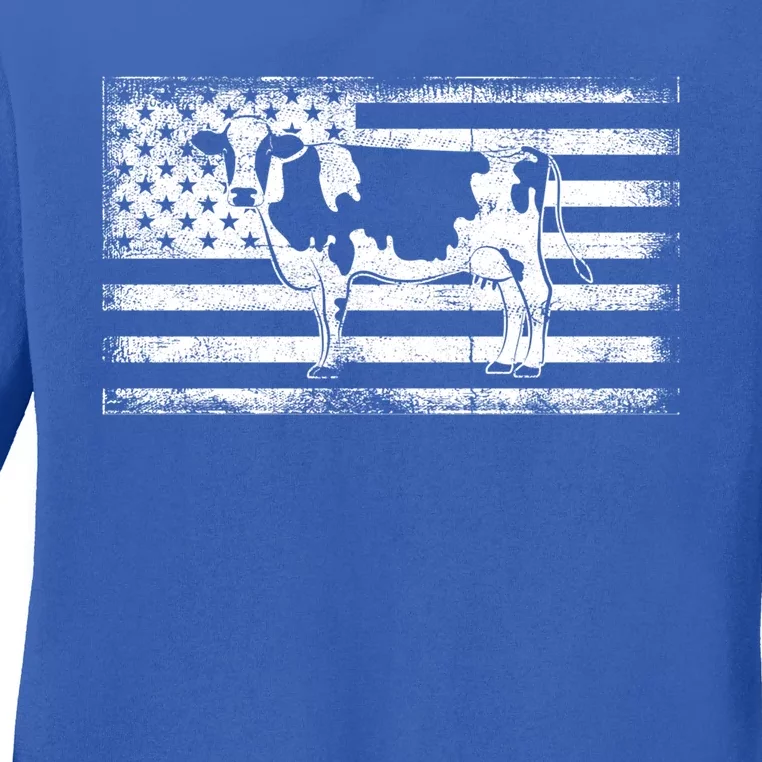 Us Flag Patriotic Farmer Farm Animal Lover Gift Farming Cow Great Gift Ladies Long Sleeve Shirt