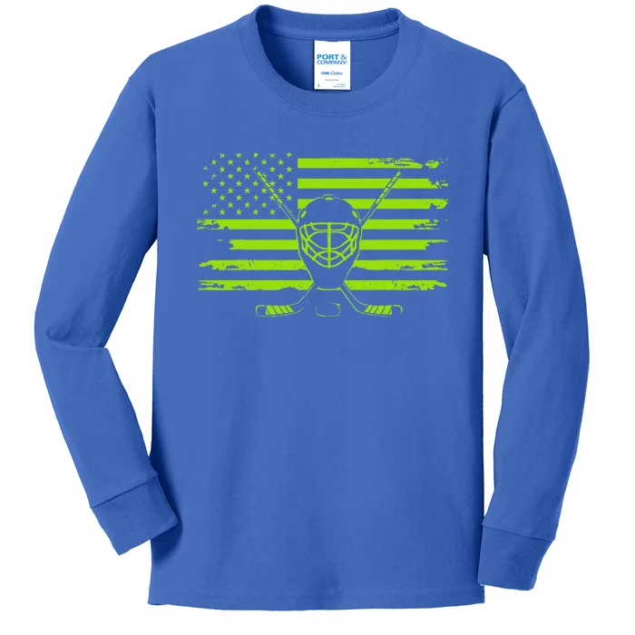 US Flag Patriotic American Hockey Player Ice Hockey Kids Long Sleeve Shirt