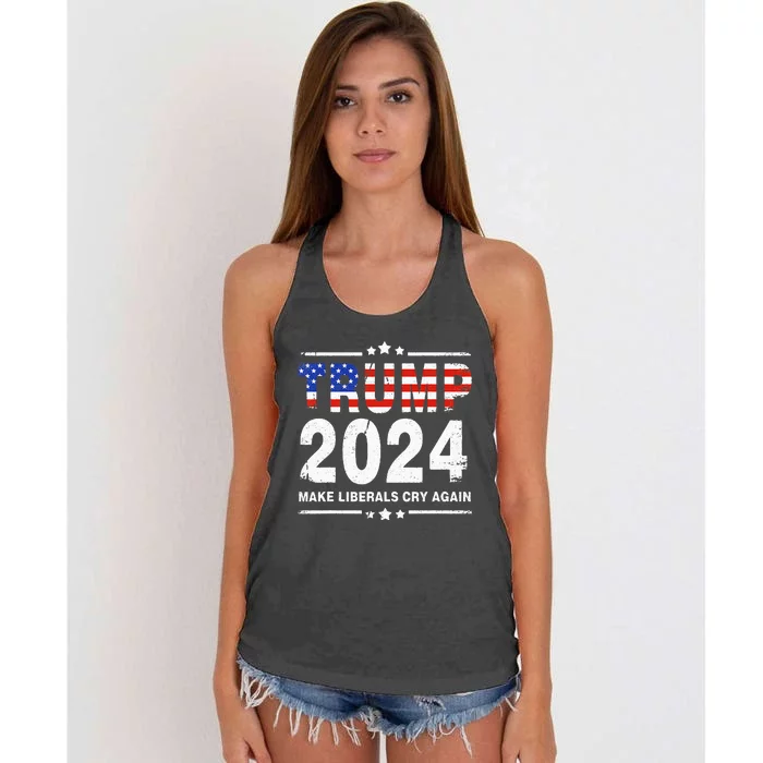 USA Flag President Trump 2024 Make Liberals Cry Again Funny Women's Knotted Racerback Tank