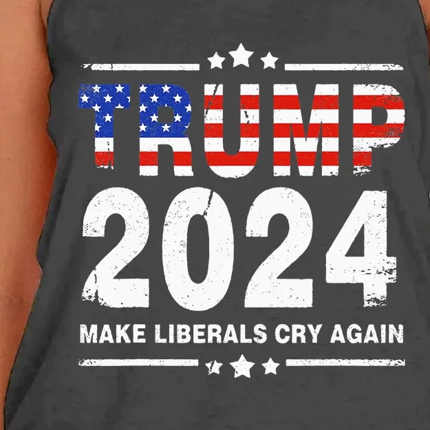 USA Flag President Trump 2024 Make Liberals Cry Again Funny Women's Knotted Racerback Tank