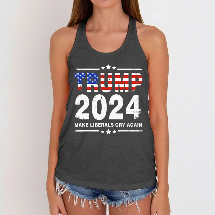 USA Flag President Trump 2024 Make Liberals Cry Again Funny Women's Knotted Racerback Tank