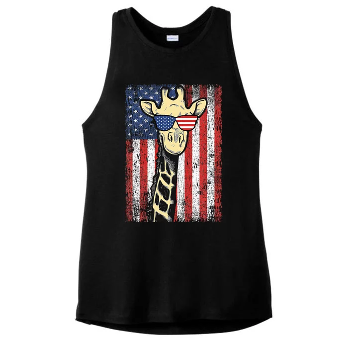 Usa Flag Patriotic Giraffe Sunglasses Funny Animal Lover Ladies Tri-Blend Wicking Tank