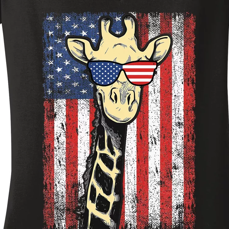 Usa Flag Patriotic Giraffe Sunglasses Funny Animal Lover Women's V-Neck T-Shirt