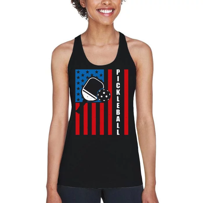 US Flag Pickleball Player Paddleball Lover Women's Racerback Tank