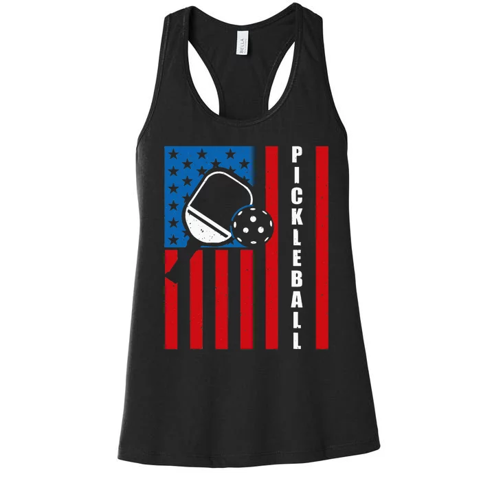 US Flag Pickleball Player Paddleball Lover Women's Racerback Tank