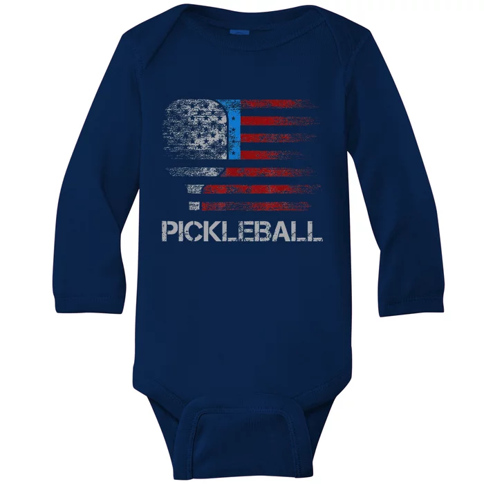 Us Flag Pickleball Player Paddleball Lover Baby Long Sleeve Bodysuit