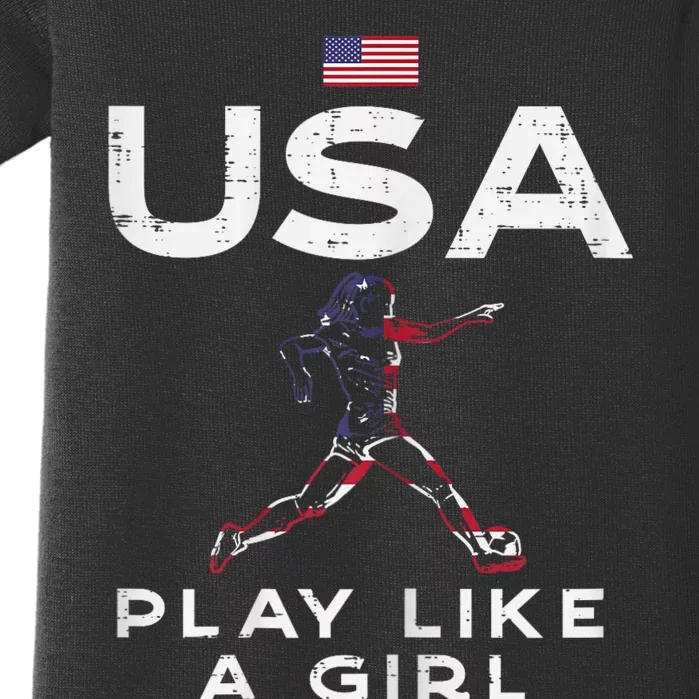 USA Flag Play Like Girl Soccer Football Player Girls Women Baby Bodysuit