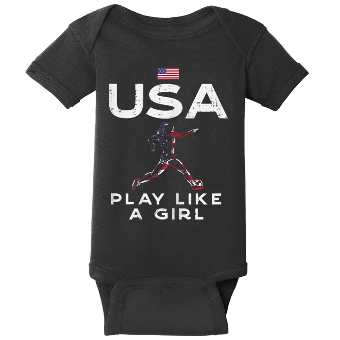 USA Flag Play Like Girl Soccer Football Player Girls Women Baby Bodysuit