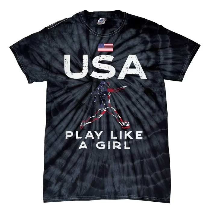 USA Flag Play Like Girl Soccer Football Player Girls Women Tie-Dye T-Shirt