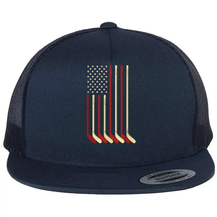 US Flag Patriotic American Hockey Player Ice Hockey Flat Bill Trucker Hat