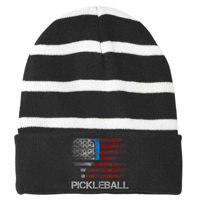 Us Flag Pickleball Player Paddleball Lover Striped Beanie with Solid Band