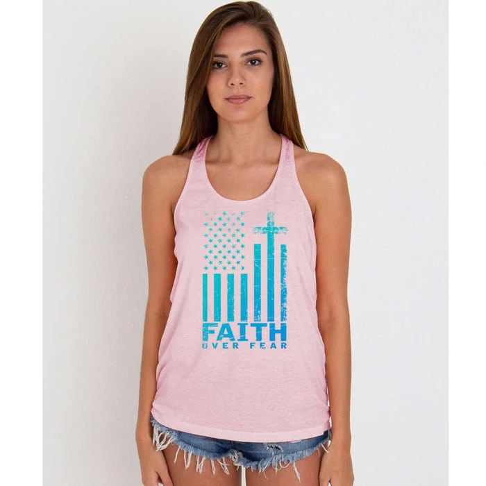 Usa Flag Patriotic American Gift Faith Over Fear Prayer Gift Women's Knotted Racerback Tank