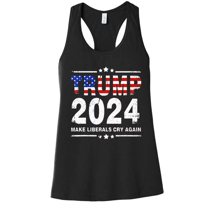 USA Flag President Trump 2024 Make Liberals Cry Again Funny Women's Racerback Tank