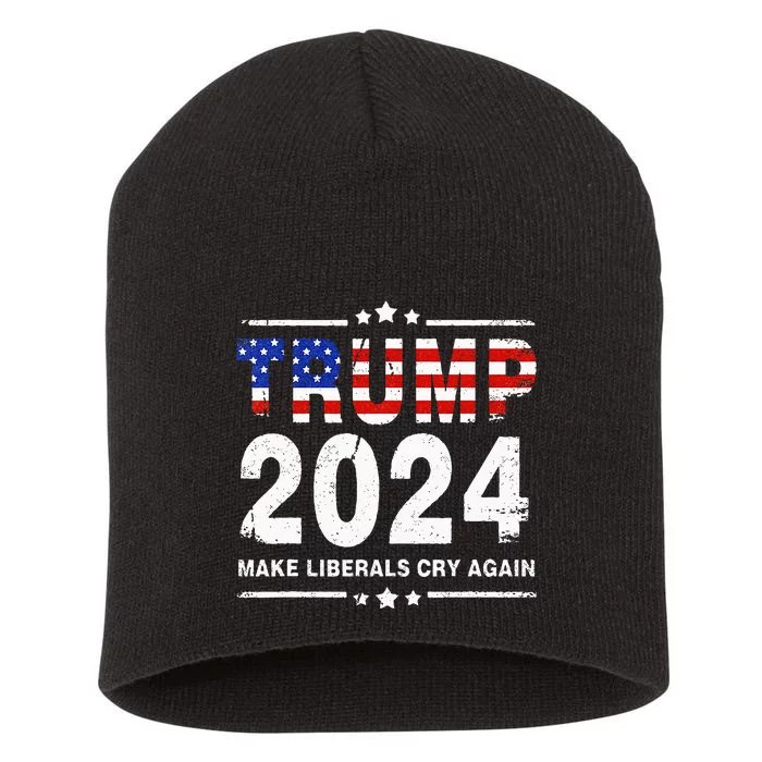 USA Flag President Trump 2024 Make Liberals Cry Again Funny Short Acrylic Beanie