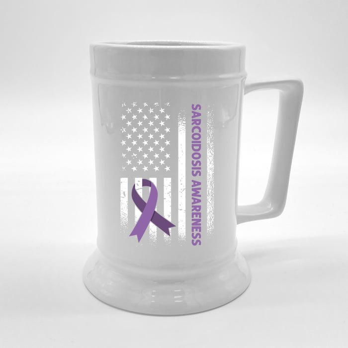 Us Flag Purple Ribbon Sarcoidosis Awareness Gift Front & Back Beer Stein