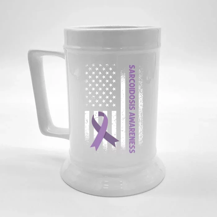 Us Flag Purple Ribbon Sarcoidosis Awareness Gift Front & Back Beer Stein