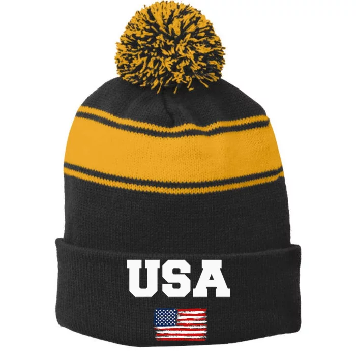 USA Flag Patriotic 4th of July America day of Independence Stripe Pom Pom Beanie