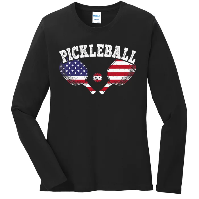 Us Flag Pickleball Player Vintage Pickle Ball Lover Ladies Long Sleeve Shirt