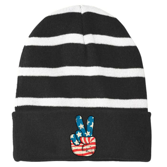 Usa Flag Peace Sign Hand Patriotic Striped Beanie with Solid Band