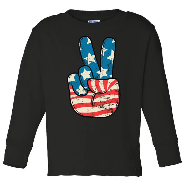 Usa Flag Peace Sign Hand Patriotic Toddler Long Sleeve Shirt