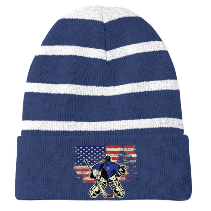 US Flag Patriotic American Hockey Player Ice Hockey Striped Beanie with Solid Band