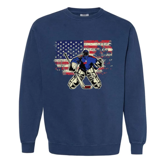 US Flag Patriotic American Hockey Player Ice Hockey Garment-Dyed Sweatshirt