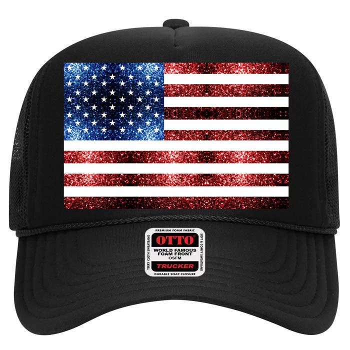 Usa Flag Red Blue Faux Sparkles Glitters High Crown Mesh Trucker Hat