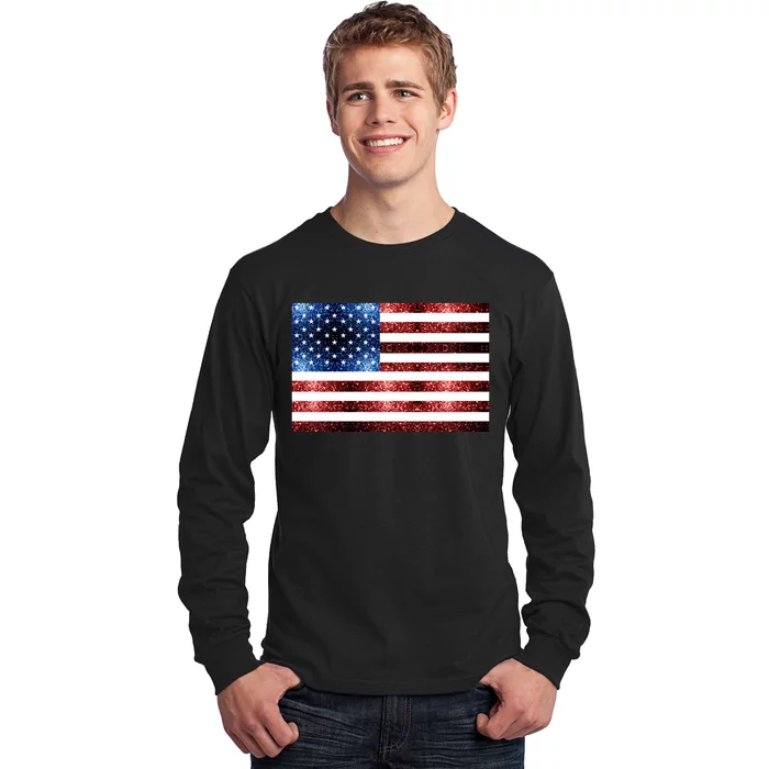 Usa Flag Red Blue Faux Sparkles Glitters Long Sleeve Shirt