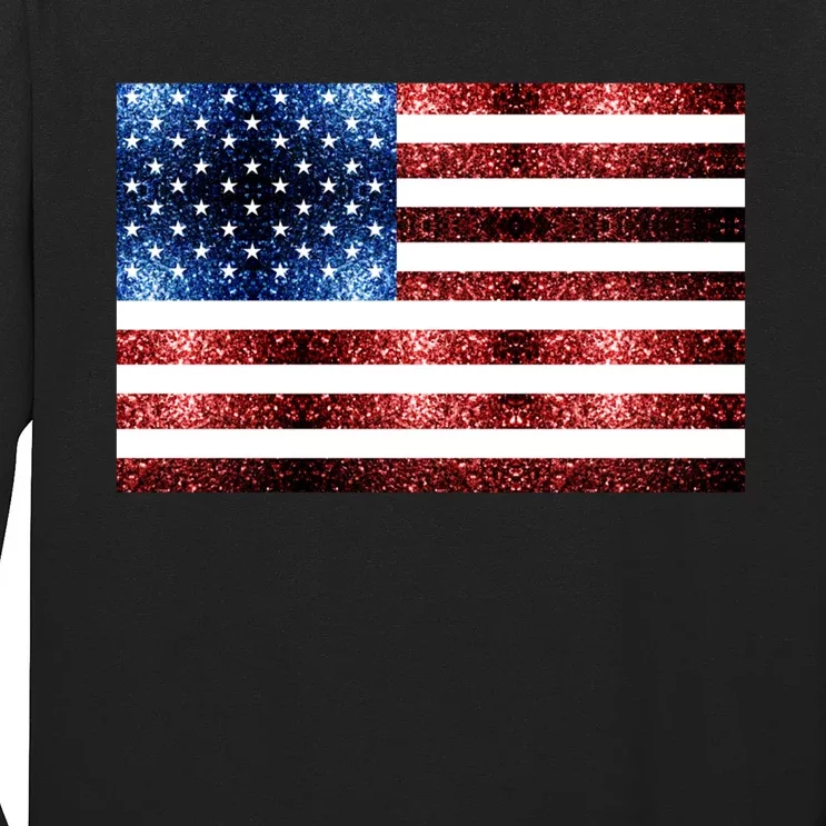 Usa Flag Red Blue Faux Sparkles Glitters Long Sleeve Shirt